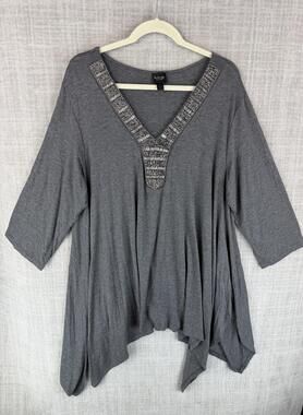 Lavanya Woman Blouse Womens 3X Gray Tunic 3/4 Sleeve V-Neck Beaded Stretch
